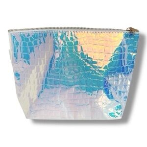 Leyla Milani Iridescent Holographic Croc Makeup Bag Blue Pink Silver NWT